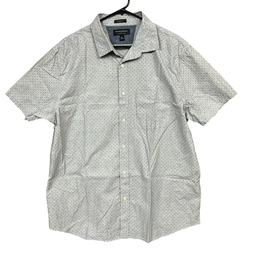 Banana Republic Mens Shirt Gray Blue Button Down Slim Fit Organic Cotton XLarge